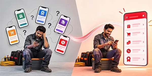 Two electricians side by side. On the left, one sits on a toolbox frowning at his phone, surrounded by five different loyalty apps and question marks. On the right, the same electrician smiles at his phone beside a single app showing rewards, orders, points, offers and recognition.