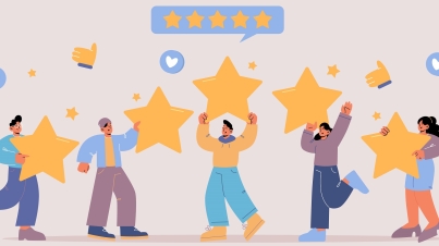Feedback, customer review concept. Rating of client satisfaction of service, app or product. Vector flat illustration of quality rate with people holding gold stars and like symbols