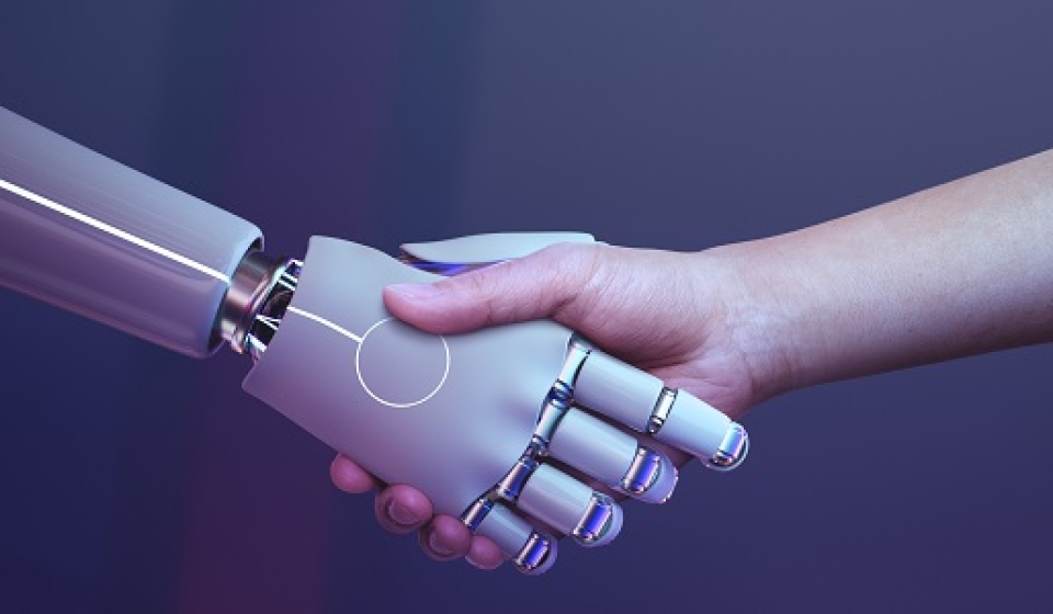 Robot handshake human background, futuristic digital age