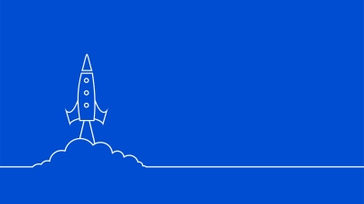 line style flying rocket blue background