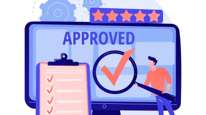 Expert approved. Cartoon character holding checkmark symbol on hand. Finished task, done sign. Satisfactory, official sanction, acceptance. Vector isolated concept metaphor illustration