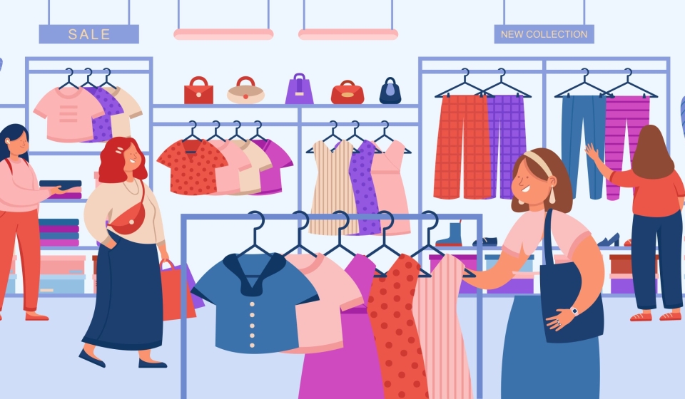 Girls choosing modern clothes in store flat vector illustration. Female consumers doing purchases, buying dresses and apparels.  Fashion, garment, retail, style concept