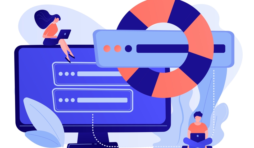 Tiny people programmers with laptops save data on backup server with lifebuoy. Backup server, online backup storage, secondary system server concept. Pinkish coral bluevector isolated illustration